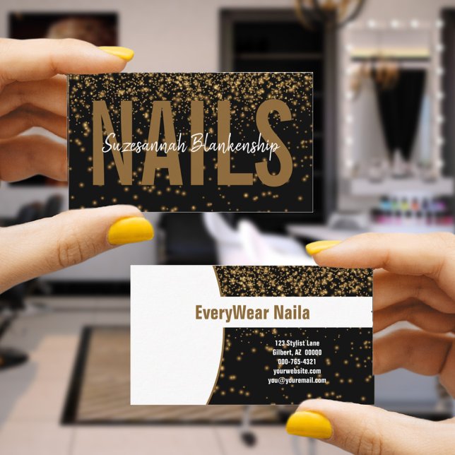 Carte De Visite Parties scintillant dorée sur Black Custom Profess (Simply add your business information for the front and back on this chic black and gold  card. )