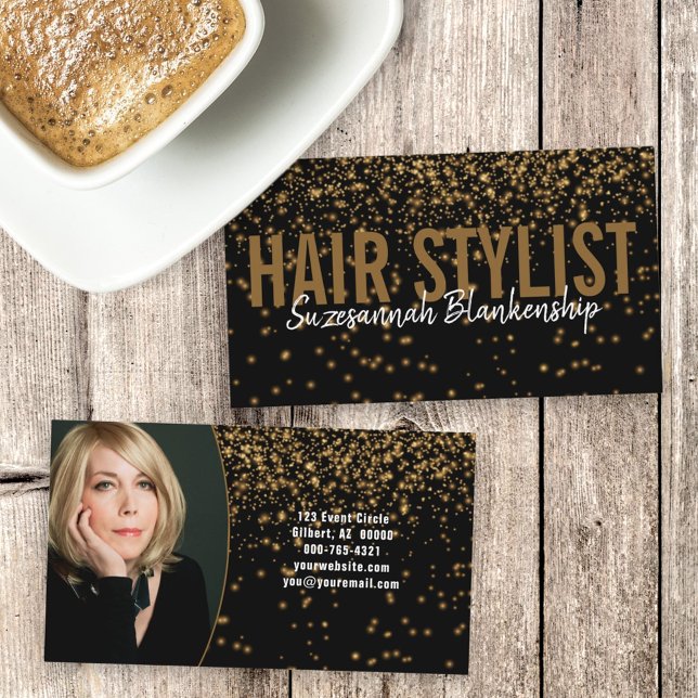 Carte De Visite Parties scintillant dorée sur photo personnalisée  (front and back custom photo business card)