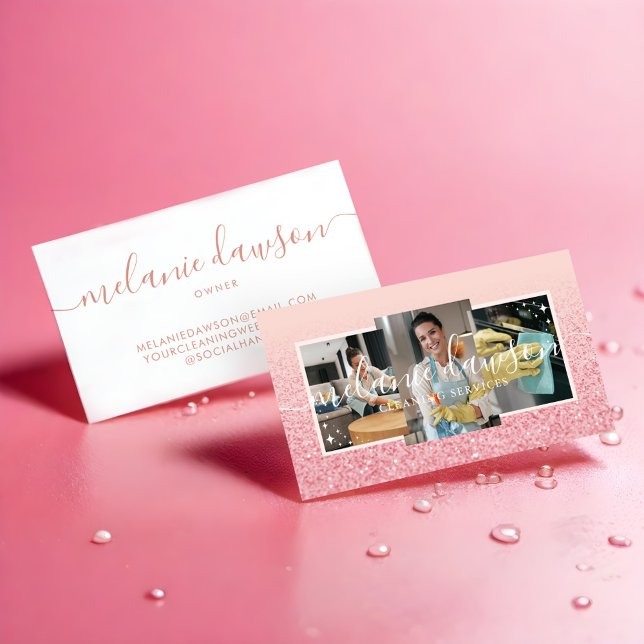 Carte De Visite Parties scintillant élégante 3 Nettoyage de photos (Elegant Glitter 3 Photo Cleaning & Maid Services Business Card)