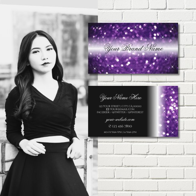 Carte De Visite Parties scintillant élégante noire violet brillant (Créateur téléchargé)