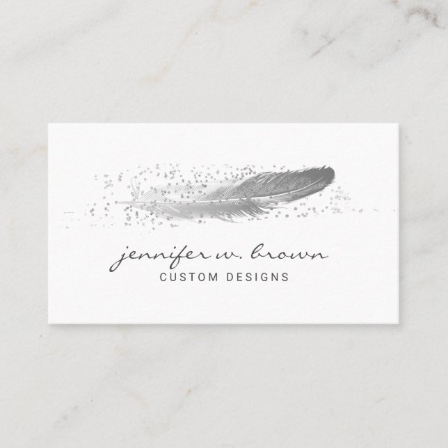 Carte De Visite Parties scintillant en argent gris plumes (Devant)