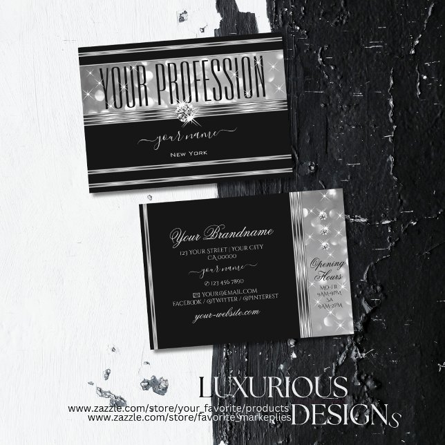 Carte De Visite Parties scintillant en argent noir luxe Étoiles ét (Créateur téléchargé)