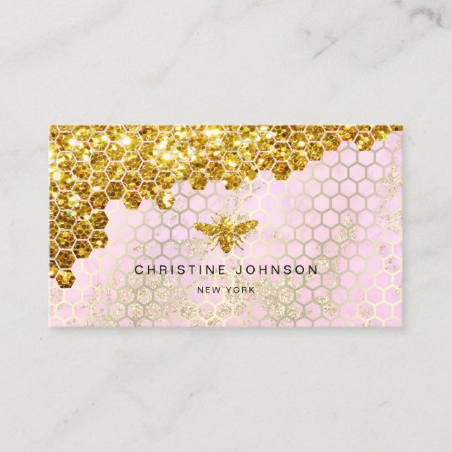Carte De Visite parties scintillant en faux or abeille sur dessin  (Devant)