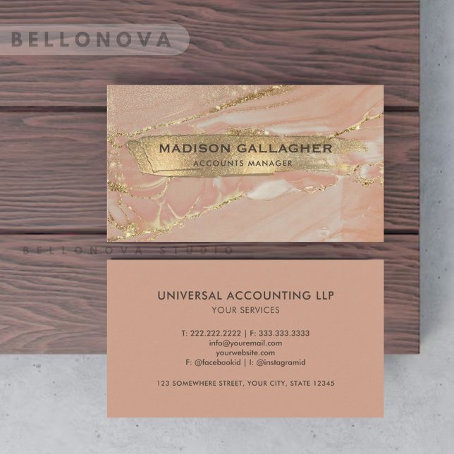 Carte De Visite Parties scintillant en marbre rose or personnalisé (Custom Pink Gold Marble Glitter Chic Professional Business Card)