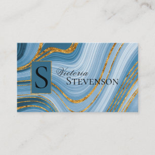 Carte De Visite Parties scintillant en or bleu Monogramme élégant 