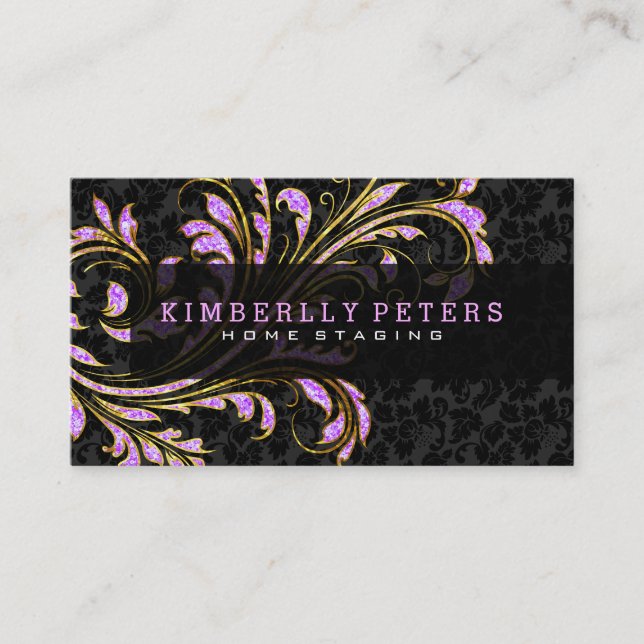 Carte De Visite Parties scintillant Florale Noire, Rose Et Or (Devant)