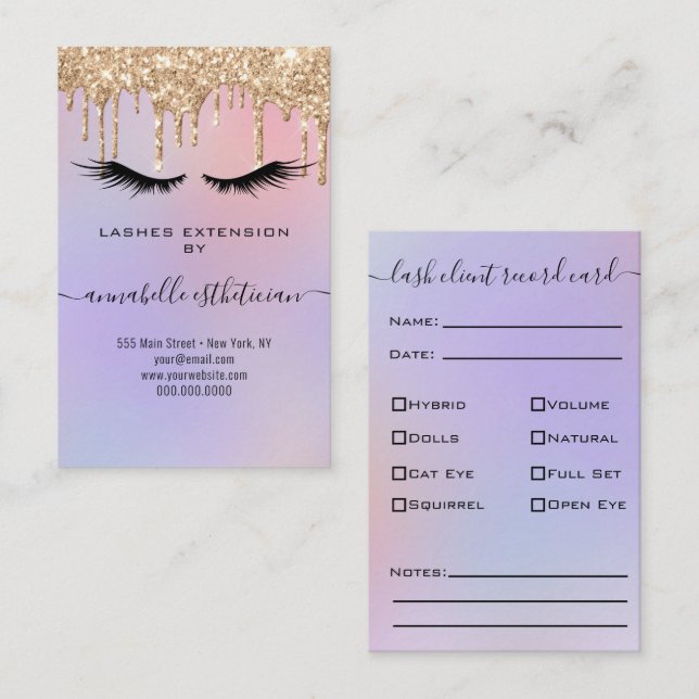 Carte De Visite Parties scintillant Gold Eyelash Extension Client  (Devant / Derrière)
