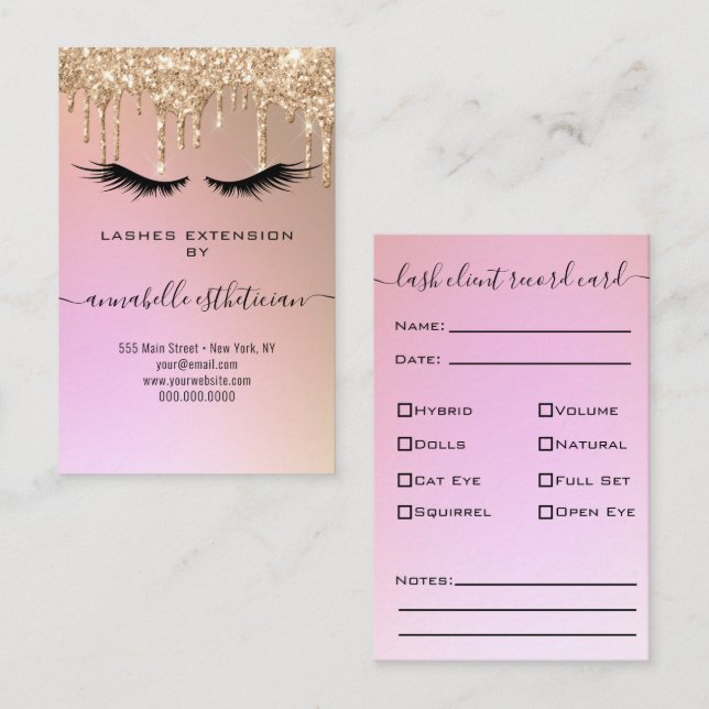 Carte De Visite Parties scintillant Gold Eyelash Extension Client  (Devant / Derrière)