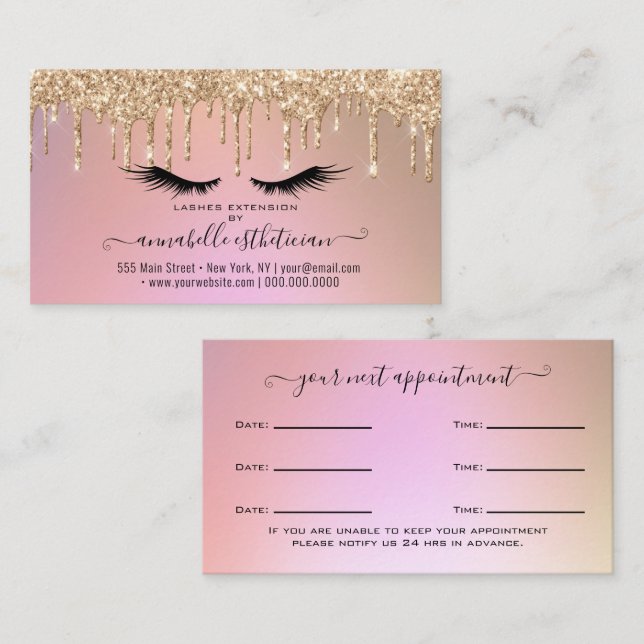 Carte De Visite Parties scintillant Gold Eyelash Extension Rendez- (Devant / Derrière)