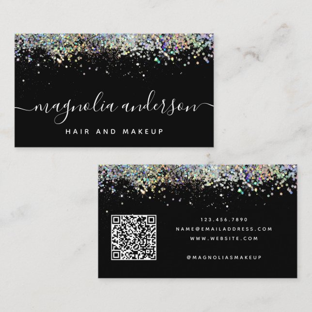 Carte De Visite Parties scintillant holographique noire Code QR (Devant / Derrière)