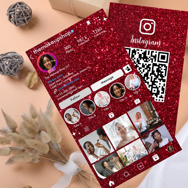 Carte De Visite Parties scintillant Instagram Red QR Code Social M (Créateur téléchargé)