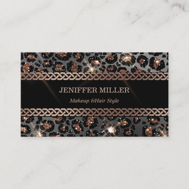 Carte De Visite Parties scintillant Leopard Black Gold personnalis (Devant)