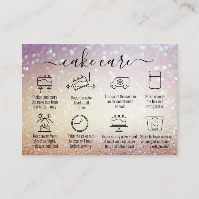 Carte De Visite Parties scintillant Merci Cake Care Instructions (Devant)