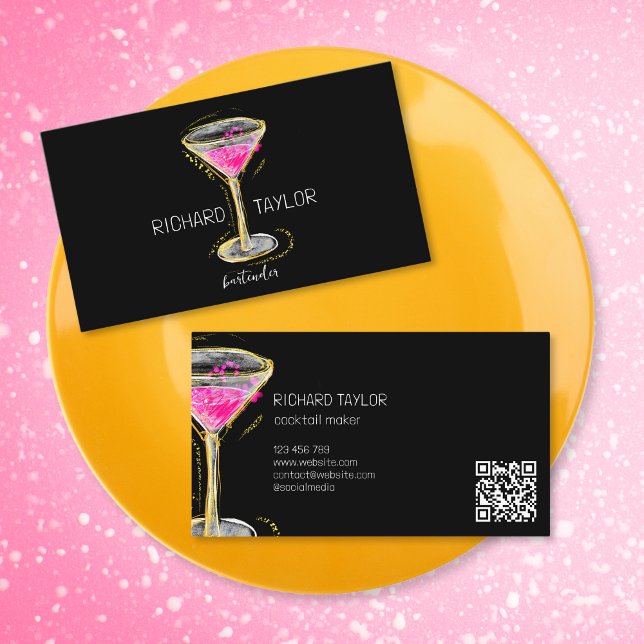 Carte De Visite Parties scintillant moderne Martini Bartender Cock (pink cocktail in martini glass with gold glitter, hand drawn)