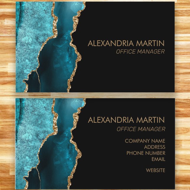 Carte De Visite Parties scintillant moderne moderne Turquoise d'or (Modern teal, black, and gold marble business card.)