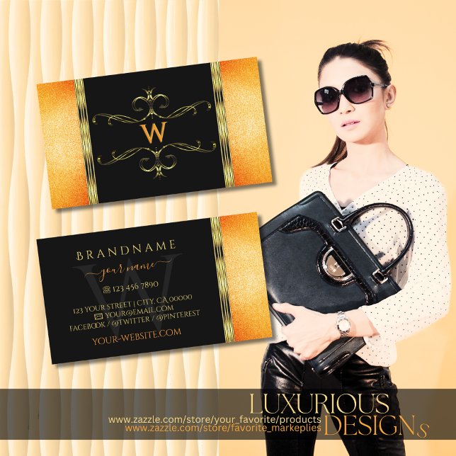 Carte De Visite Parties scintillant noire et orange Monogramme d'o (Créateur téléchargé)