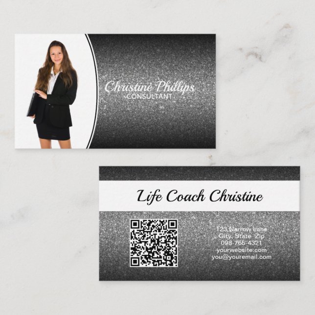 Carte De Visite Parties scintillant Ombre Noir Professionnelle Pho (Devant / Derrière)