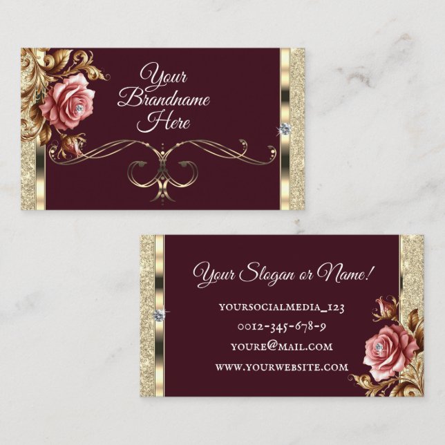 Carte De Visite Parties scintillant Or de luxe rose Rose Vintage B (Devant / Derrière)