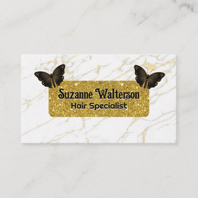Carte De Visite Parties scintillant or | MARBRE BLANC | Papillons (Devant)