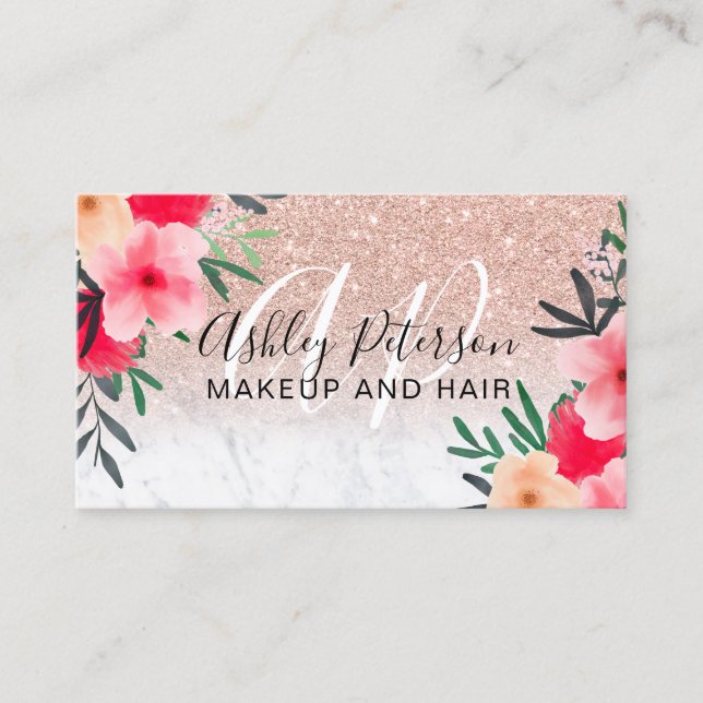 Carte De Visite parties scintillant or rose  en marbre fleuri (Devant)