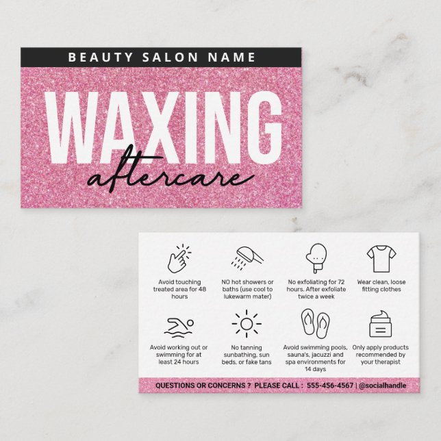Carte De Visite Parties scintillant Pink Waxing Post-Care Card Enl (Devant / Derrière)
