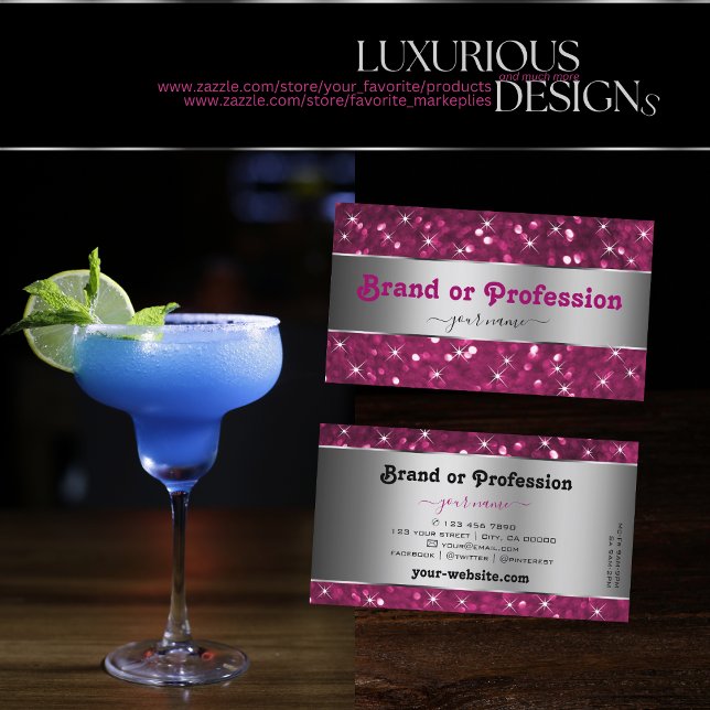 Carte De Visite Parties scintillant Rose Argent Décor Étoiles Élég (Créateur téléchargé)