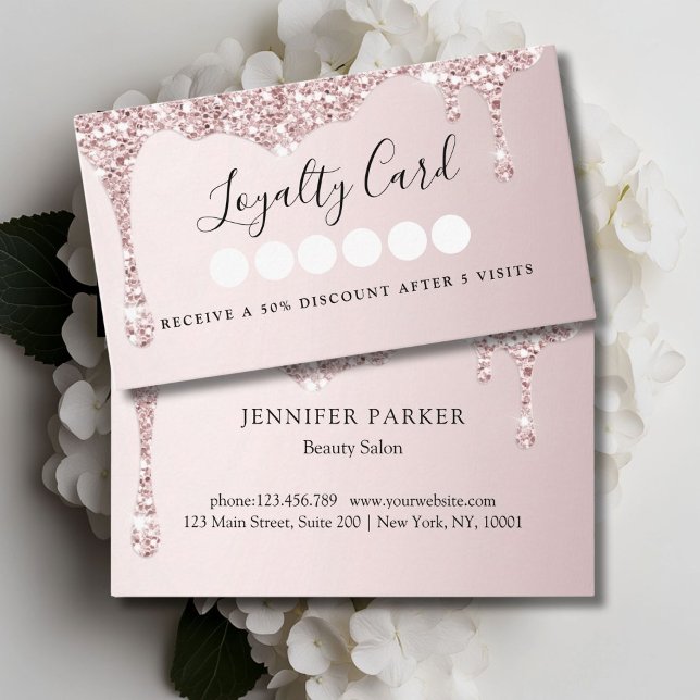 Carte De Visite Parties scintillant rose clair moderne Drop Salon  (Modern Lightpink Glitter Drop Salon & Spa Loyalty Business Card)