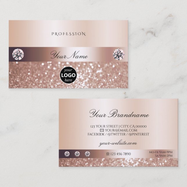 Carte De Visite Parties scintillant Rose de luxe avec logo (Devant / Derrière)
