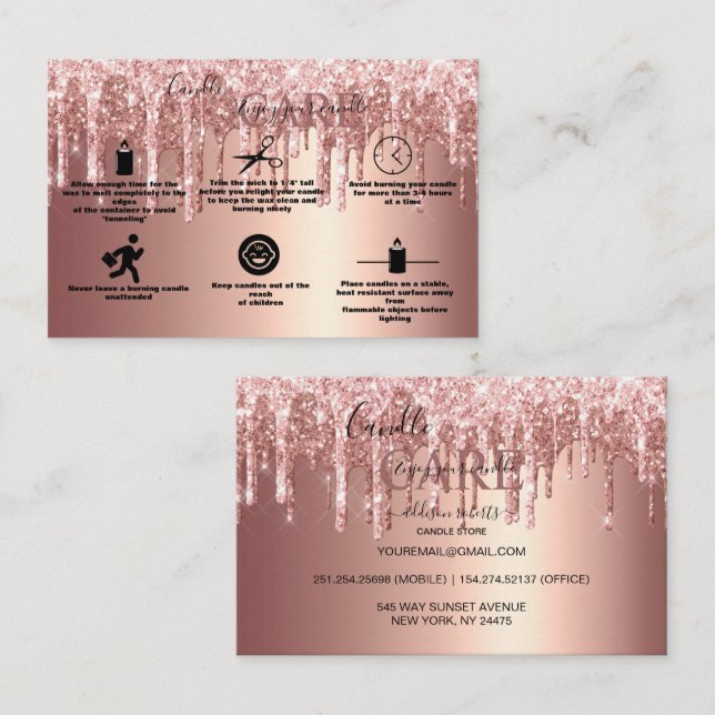 Carte De Visite Parties scintillant rose Gold Driving Candle Care (Devant / Derrière)