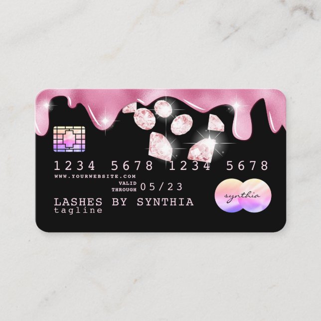 Carte De Visite Parties scintillant rose gouttes diamants hologram (Devant)