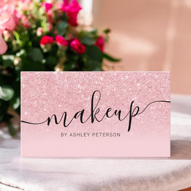 Carte De Visite Parties scintillant rose moderne scintille maquill (Modern pink glitter sparkles script makeup business card)