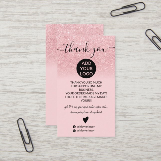 Carte De Visite Parties scintillant rose ombre blush ordre merci (Devant/Arrière en situation)