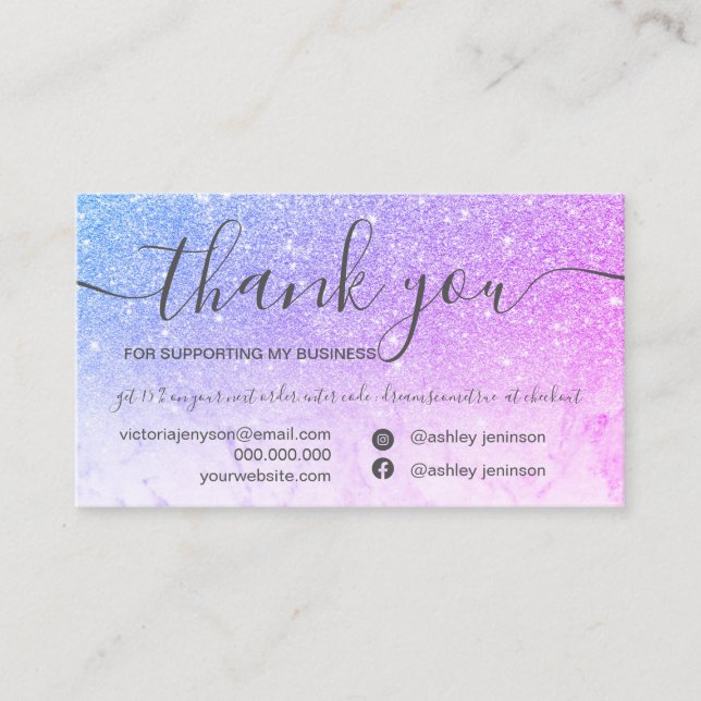 Carte De Visite parties scintillant violet bleu marbre chic merci (Devant)