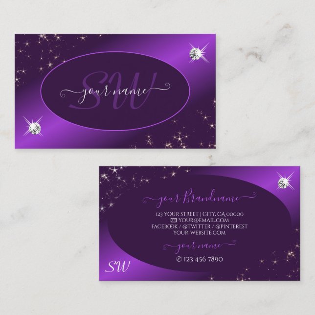 Carte De Visite Parties scintillant violet élégant Étoiles Diamant (Devant / Derrière)