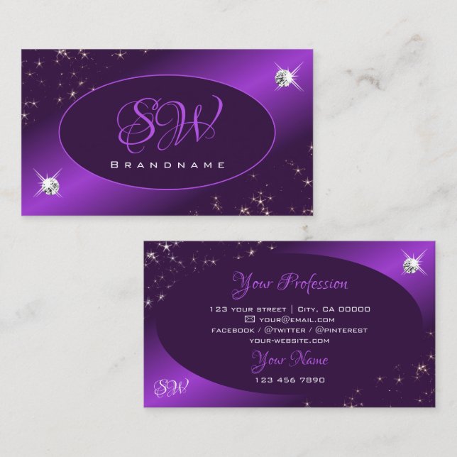 Carte De Visite Parties scintillant violet élégant Étoiles Diamant (Devant / Derrière)