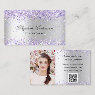 Carte De Visite Parties scintillant violet en argent photo QR code