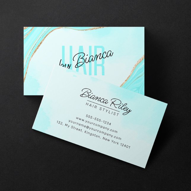 Carte De Visite Pastel Aqua Gold Parties scintillant Agate Hair St (Créateur téléchargé)