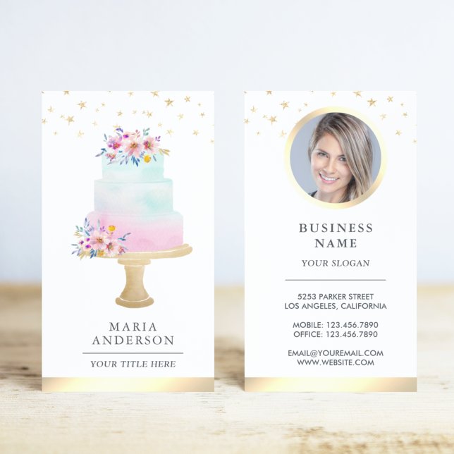 Carte De Visite Pastel Aquarelle Florale Gâteau Pâtisserie Chef bo (Créateur téléchargé)