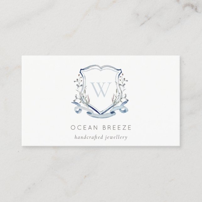 Carte De Visite Pastel Blue Fleur sauvage Aquarelle Crest Monogram (Devant)