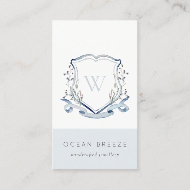 Carte De Visite Pastel Blue Fleur sauvage Aquarelle Crest Monogram (Devant)