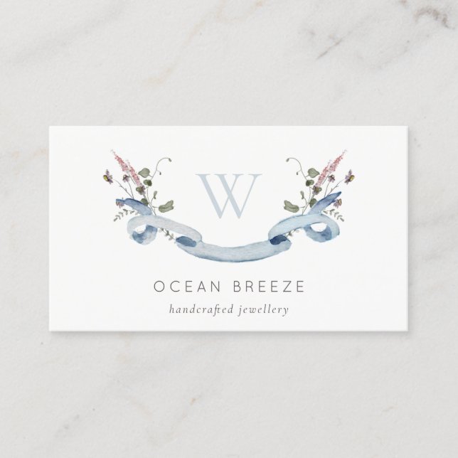 Carte De Visite Pastel Blue Fleur sauvage aquarelle ruban monogram (Devant)
