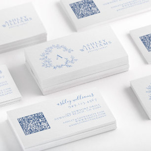 Carte De Visite Pastel Blue Monogram Floral Crest QR Code