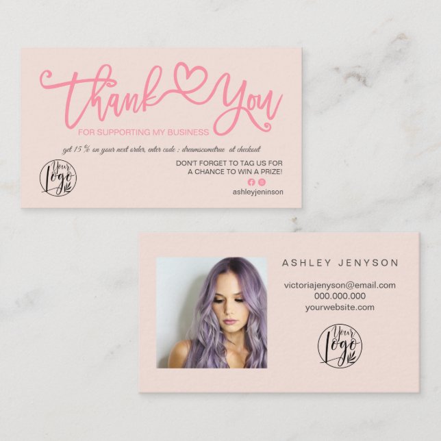 Carte De Visite Pastel blush rose coeur photo logo commander merci (Devant / Derrière)