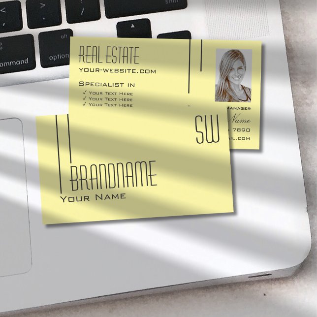 Carte De Visite Pastel clair jaune avec Monogramme et photo modern (Créateur téléchargé)