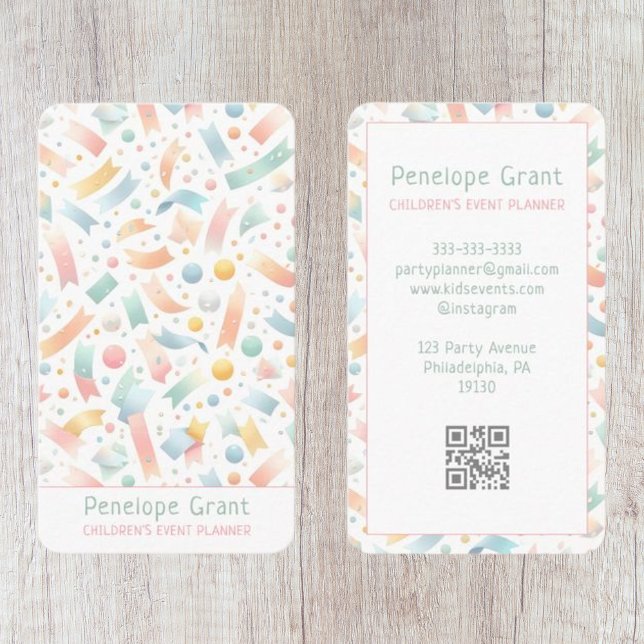 Carte De Visite Pastel Cute Confetti Enfants Fête et Planificateur (Créateur téléchargé)
