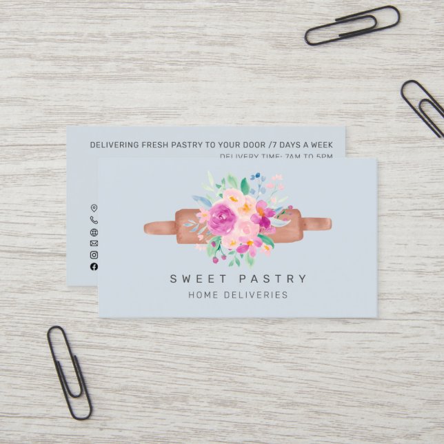 Carte De Visite Pastel floral aquarelle pâtisserie boulangerie rou (Devant/Arrière en situation)