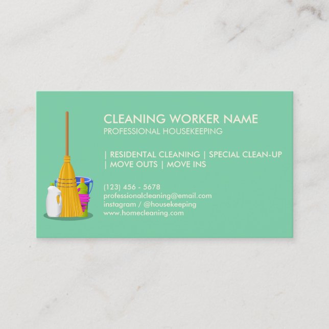Carte De Visite Pastel Green Clean Service ménage Janitorial (Devant)
