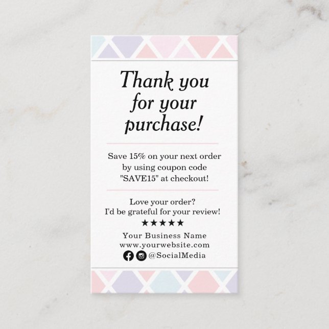 Carte De Visite Pastel Merci pour votre achat (Devant)