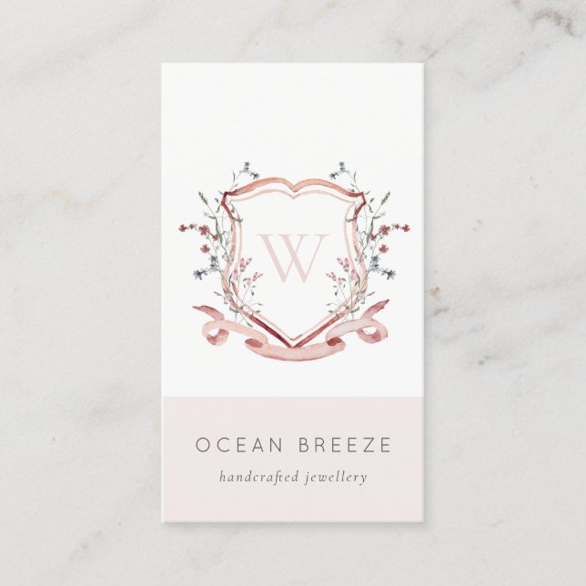 Carte De Visite Pastel Rose Fleur sauvage Aquarelle Crest Monogram (Devant)