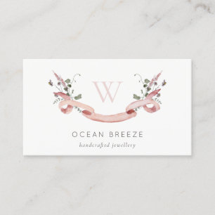 Carte De Visite Pastel rose Fleur sauvage aquarelle ruban monogram